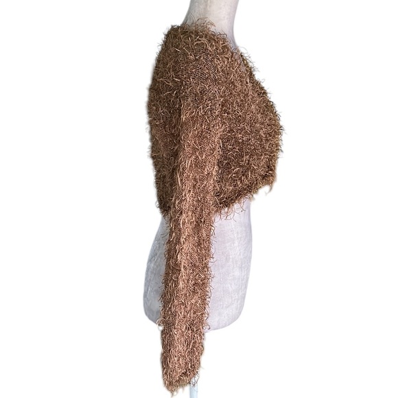 RARE Lianne Barnes Vintage Tan Fuzzy Feathery Tie Front Crop Cardigan Bolero XS - Picture 4 of 12